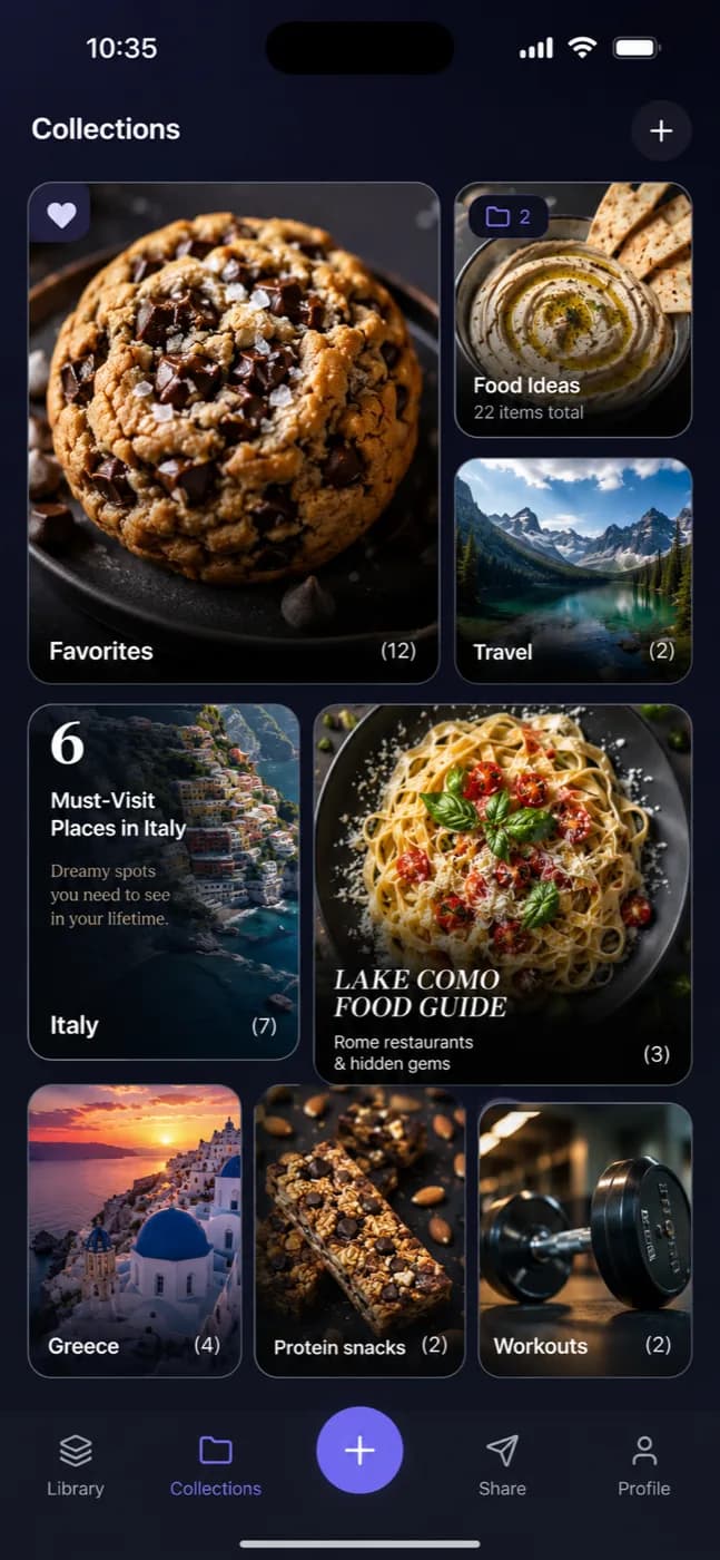 Trove collections screen with folders for favorites, food, travel, and workouts
