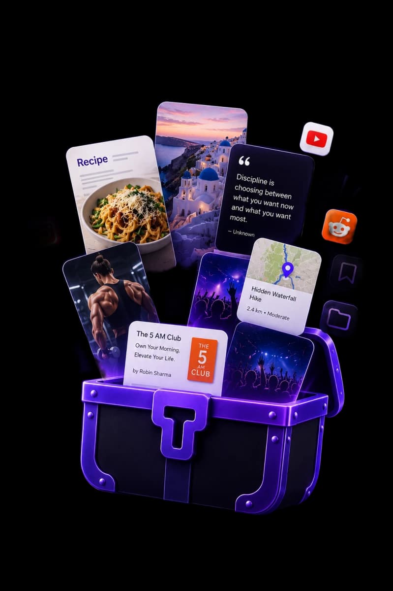 The Trove chest, with saved recipes, places, and workouts flying out as cards