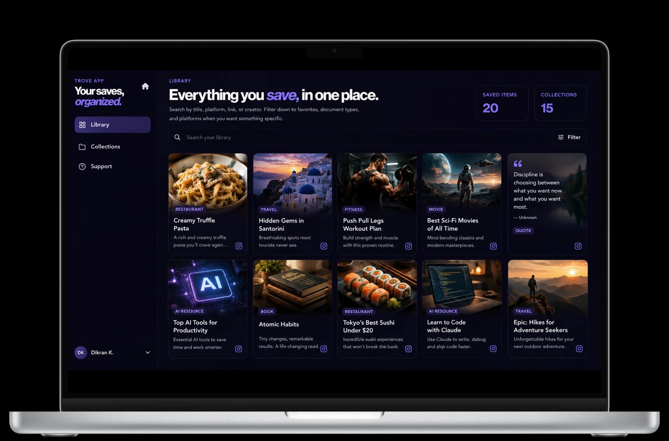 Trove web app on a MacBook — the library with saved recipes, travel, and workouts