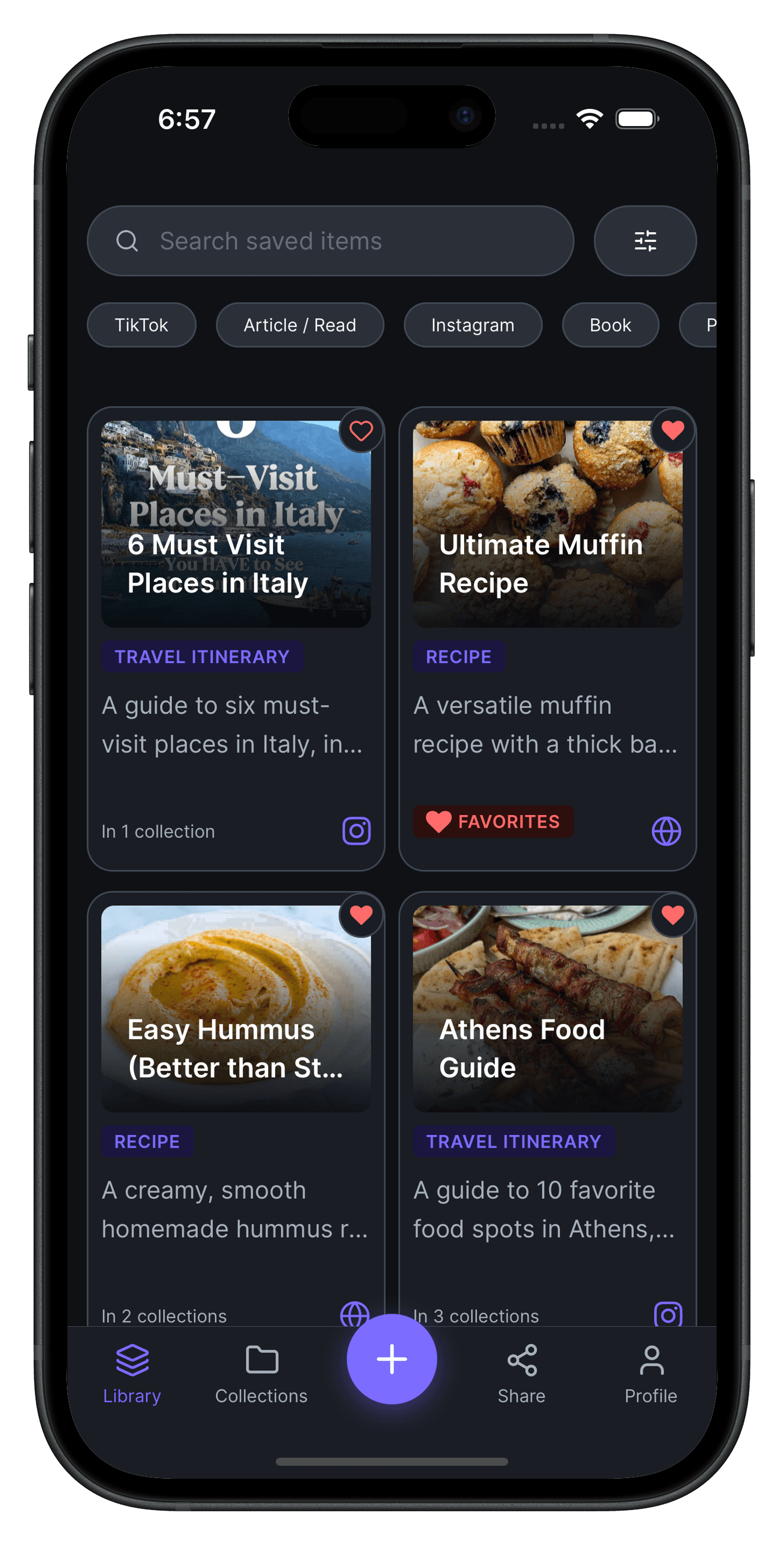 Trove home screen showing the main saved-items library