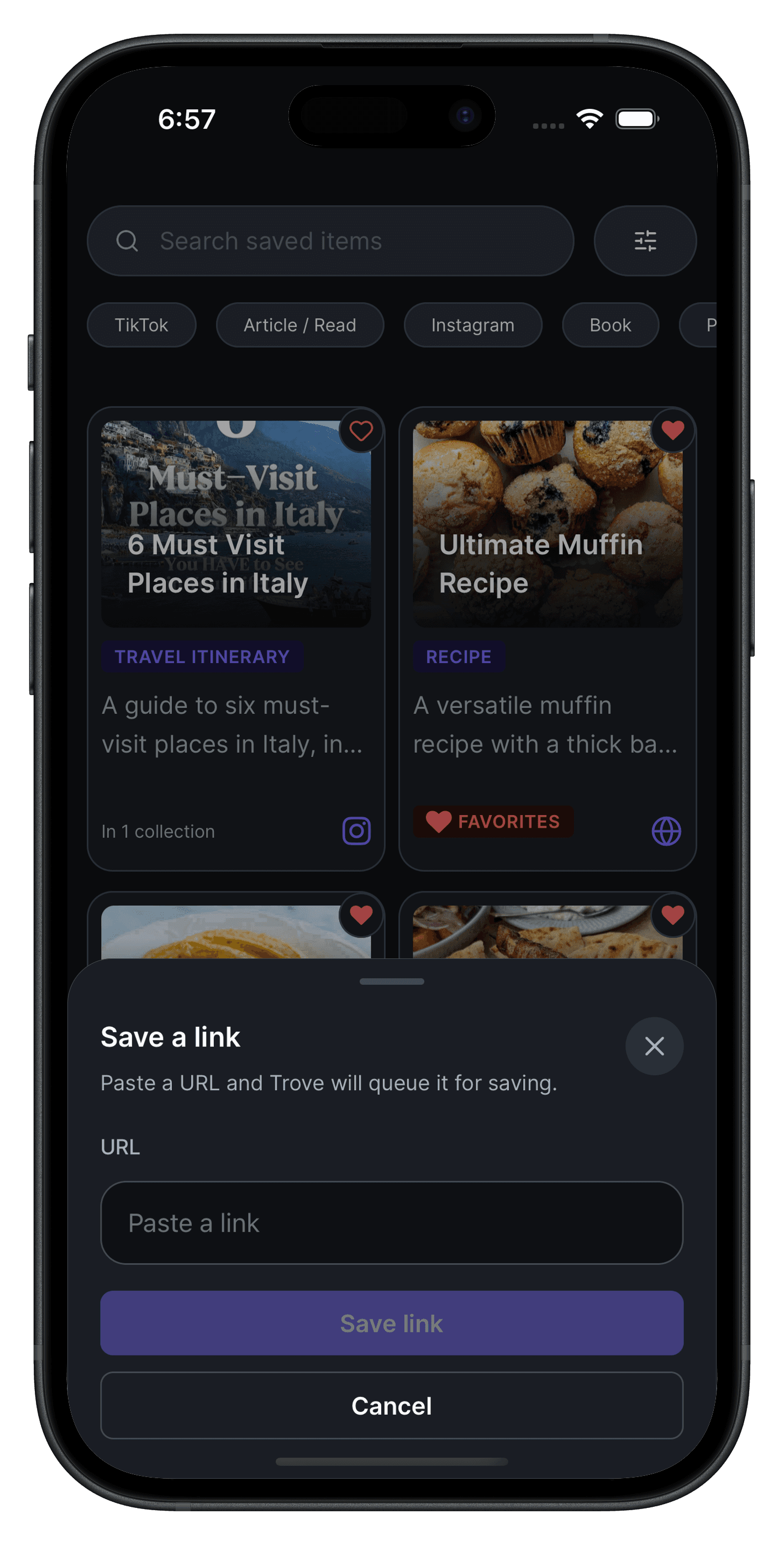 Trove save screen showing a new item being added